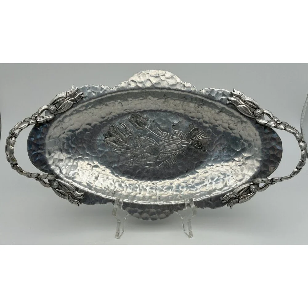 Vintage Rodney Kent Hand Wrought Hammered Aluminum TULIP Oval Tray w Handles 14